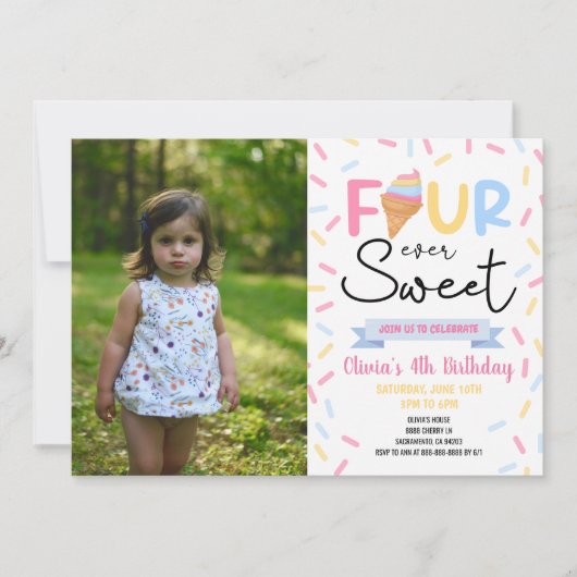 Ice Cream Four Ooit Zoet 4e Verjaardagsfeest Kaart (Voorkant)