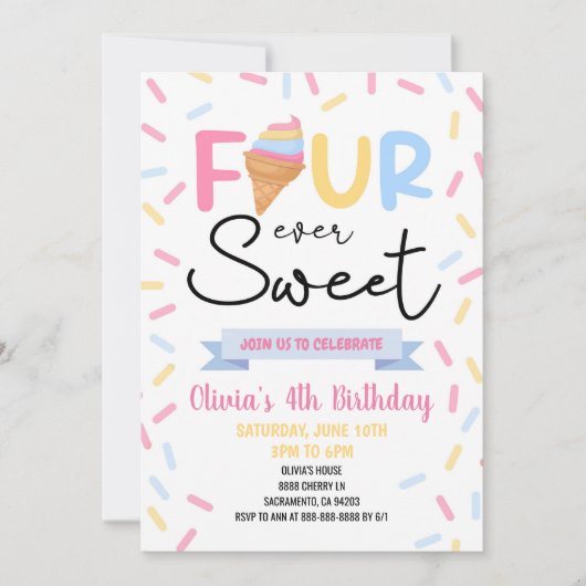 Ice Cream Four Ooit Zoet 4e Verjaardagsfeest Kaart (Voorkant)