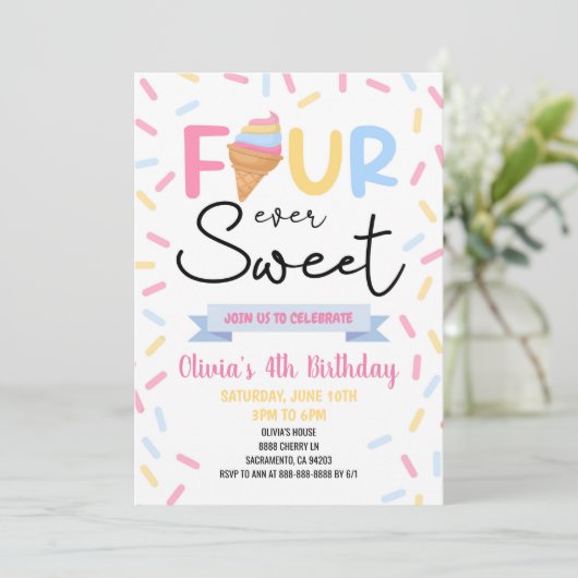 Ice Cream Four Ooit Zoet 4e Verjaardagsfeest Kaart (Staand voorkant)