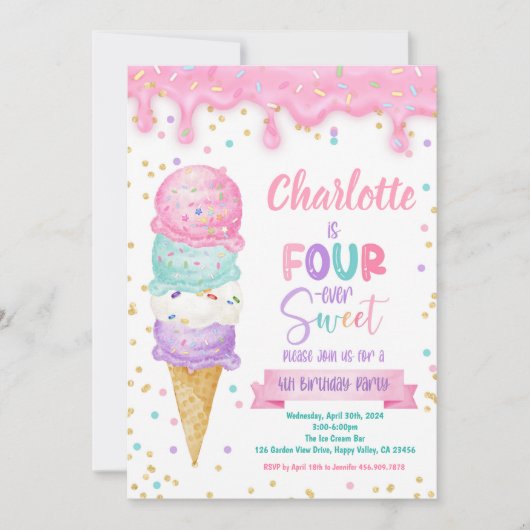 Ice Cream Fourever Zoet 4e Verjaardagsfeestje Roze Kaart (Voorkant)