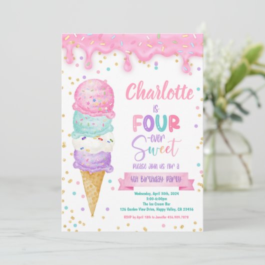 Ice Cream Fourever Zoet 4e Verjaardagsfeestje Roze Kaart (Staand voorkant)