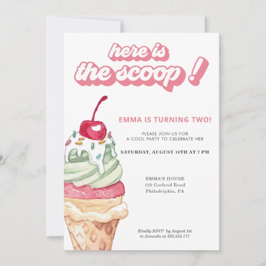 Ice Cream Girl Birthday Scoop Invitation Kaart (Voorkant)