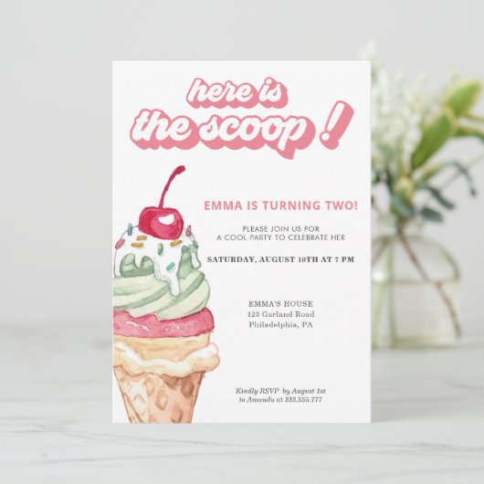 Ice Cream Girl Birthday Scoop Invitation Kaart (Staand voorkant)