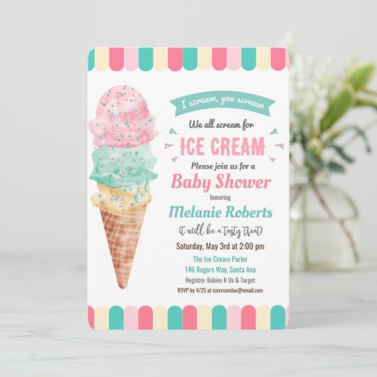 Ice Cream Glitter Baby shower Invitation Kaart (Staand voorkant)