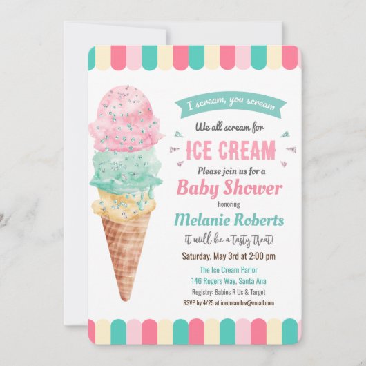 Ice Cream Glitter Baby shower Invitation Kaart (Voorkant)