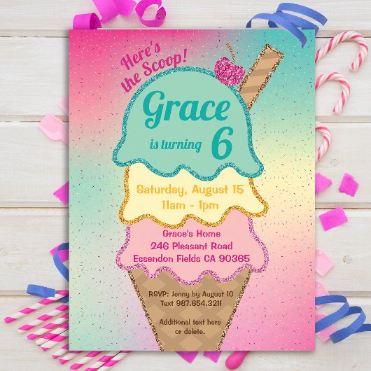 Ice Cream Glitter Sprinkles Verjaardag uitnodiging