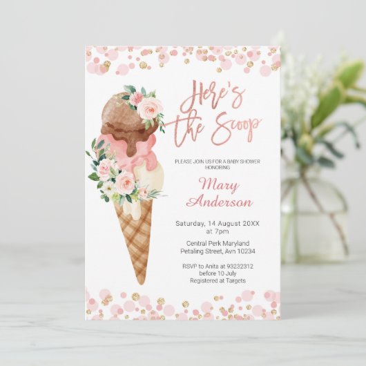 Ice Cream Hier is de Scoop Baby shower Uitnodiging (Staand voorkant)