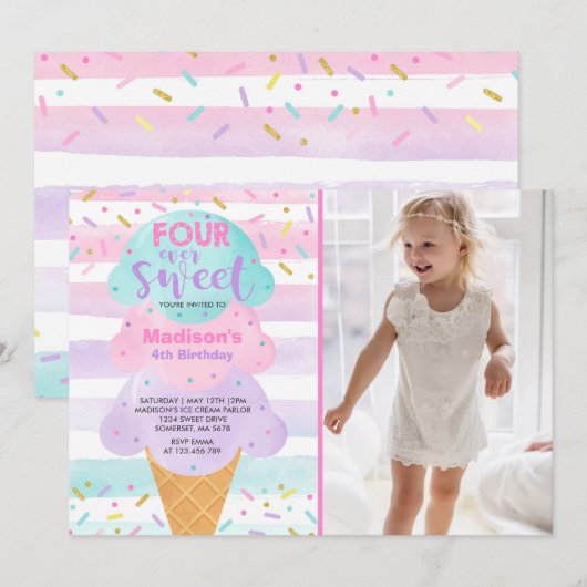 Ice Cream Invitation Four Ever Sweet 4th Birthday Kaart (Voorkant / Achterkant)