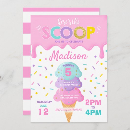 Ice Cream Invitation Ice Cream Birthday Party Kaart (Voorkant / Achterkant)