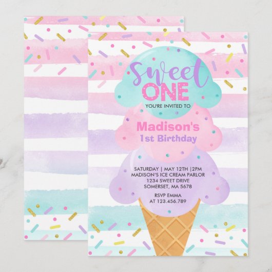 Ice Cream Invitation Sweet One 1st Birthday Kaart (Voorkant / Achterkant)