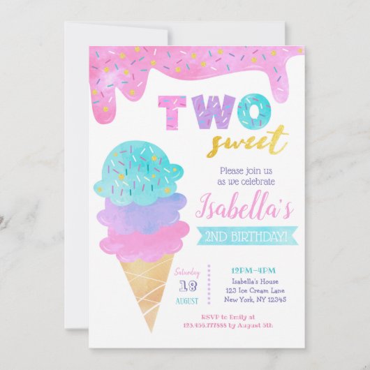 Ice Cream Invitation Two Sweet 2nd Birthday Invite Kaart (Voorkant)