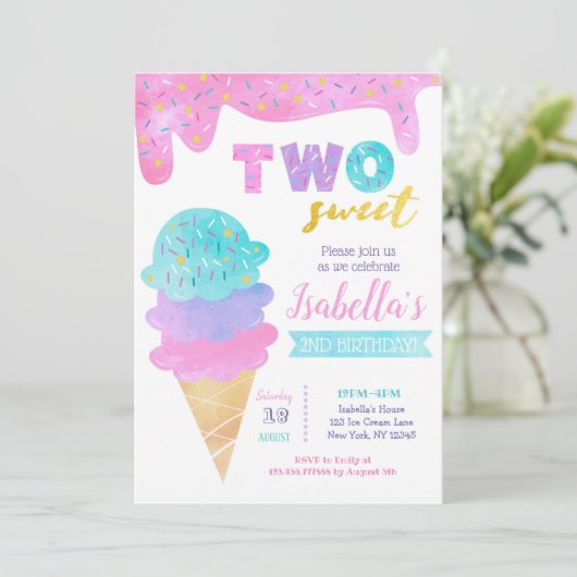 Ice Cream Invitation Two Sweet 2nd Birthday Invite Kaart (Staand voorkant)