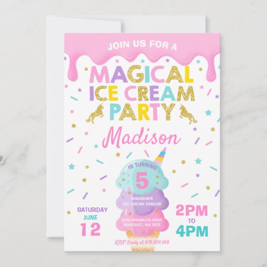 Ice Cream Invitation Unicorn Ice Cream Party Kaart (Voorkant)