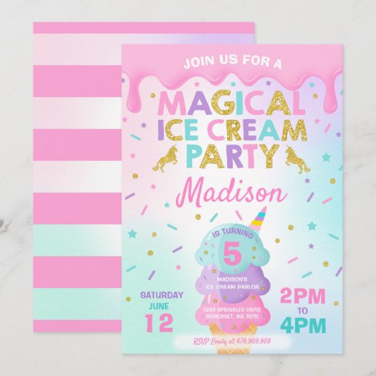 Ice Cream Invitation Unicorn Ice Cream Party Kaart (Voorkant / Achterkant)