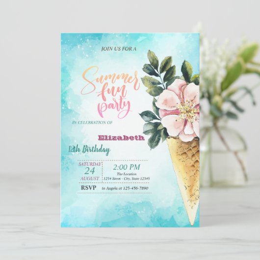 Ice Cream Kegelbloemen Zomer Verjaardagsfeest Kaart (Staand voorkant)