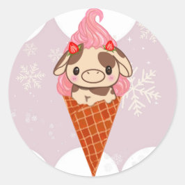 Ice Cream Koe Sweet Cone Snow Aardbei Winter Ronde Sticker