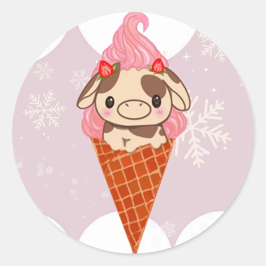 Ice Cream Koe Sweet Cone Snow Aardbei Winter Ronde Sticker (Voorkant)