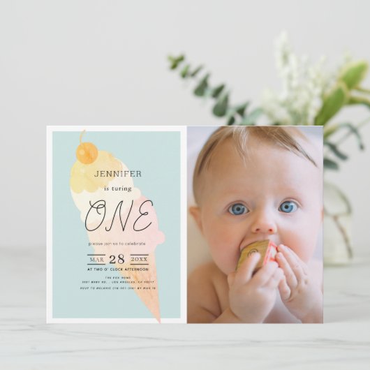 Ice Cream Light Blue 1e verjaardag Kaart (Staand voorkant)