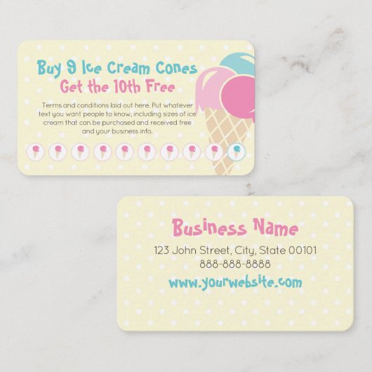 Ice Cream Loyalty Stamp Punch Kaart - Koop 9 Krijg (Voorkant / Achterkant)