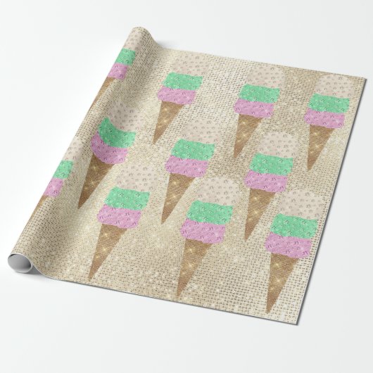Ice Cream Mint Green Pink Ivory Metallic Sparkly Cadeaupapier (Uitgerold)