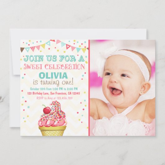 Ice Cream Mint Pink Party Verjaardagsuitnodiging Kaart (Voorkant)