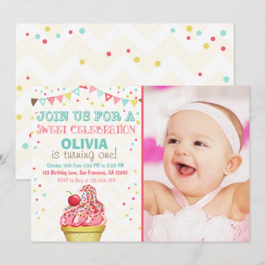 Ice Cream Mint Pink Party Verjaardagsuitnodiging Kaart (Voorkant / Achterkant)