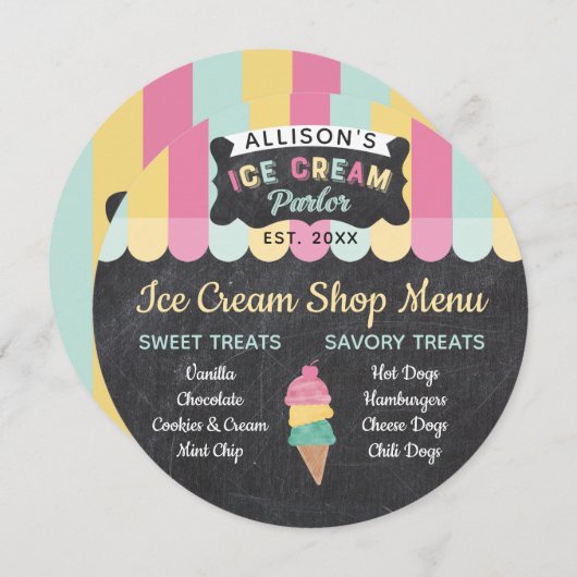 Ice Cream Parlor Fun Kids Birthday Party Menu Kaar Kaart (Voorkant / Achterkant)