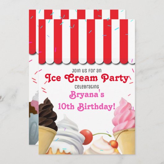 Ice Cream Parlor Party Verjaardagsfeest in het roo Kaart (Voorkant / Achterkant)