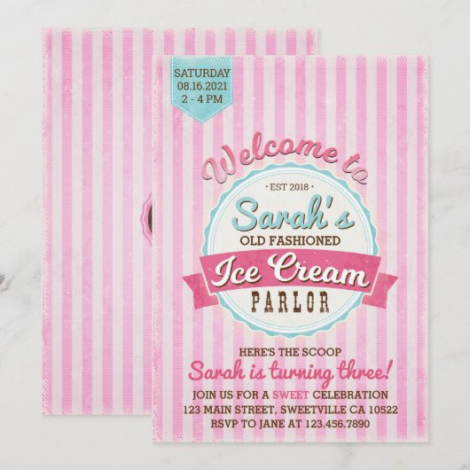 Ice Cream Parlor verjaardagsuitnodiging Kaart (Voorkant / Achterkant)