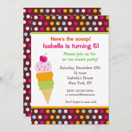 Ice Cream Party Birthday Invitation icecream Kaart (Voorkant / Achterkant)
