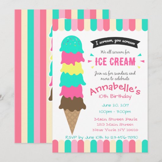 Ice Cream party Birthday Invitation Kaart (Voorkant / Achterkant)