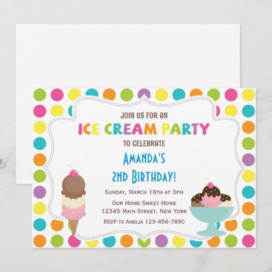Ice Cream Party Birthday Invitation Kaart (Voorkant / Achterkant)