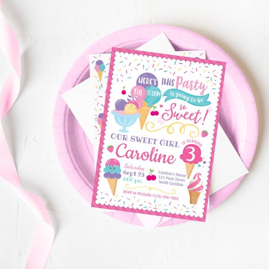 Ice Cream Party Birthday Invitation, Scoop Kaart