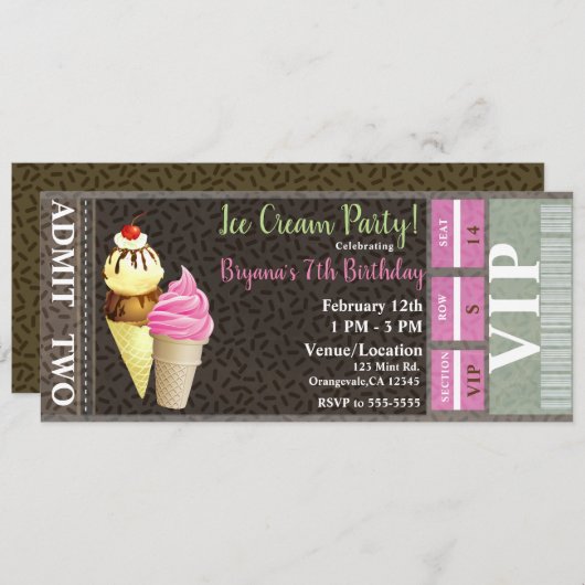 Ice Cream Party Birthday VIP Ticket Kaart (Voorkant / Achterkant)