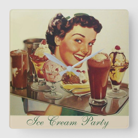 ICE CREAM PARTY Girl met lade Ice Creams Vierkante Klok (Voorkant)