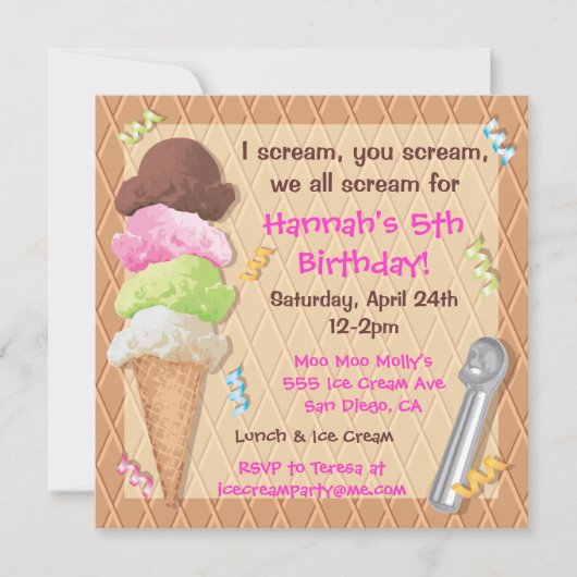 Ice Cream Party Invitation Celebration Kaart (Voorkant)