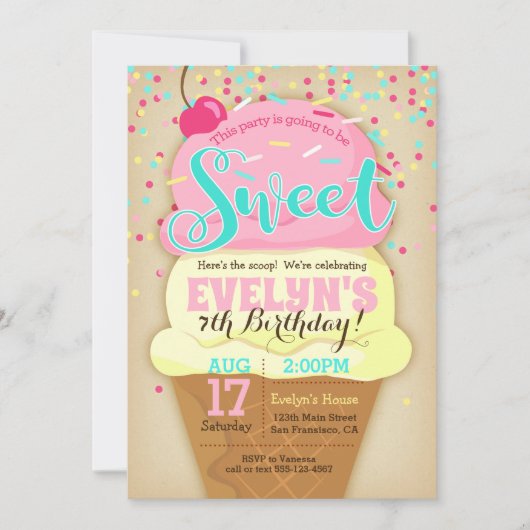 Ice Cream Party Invitation - Girl Birthday Invite Kaart (Voorkant)