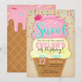 Ice Cream Party Invitation - Girl Birthday Invite Kaart (Voorkant / Achterkant)