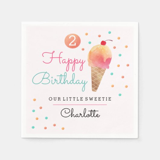 Ice Cream Party Roze Kids Verjaardagsfeestje Serve Servet (Voorkant)