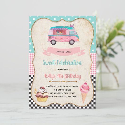 Ice Cream party verjaardaguitnodiging Kaart (Staand voorkant)