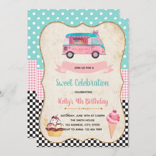Ice Cream party verjaardaguitnodiging Kaart (Voorkant / Achterkant)