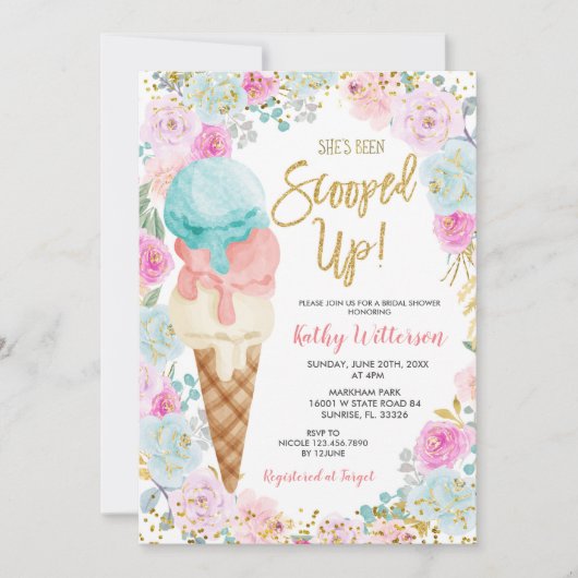 Ice Cream Pastel Flowers Bridal Shower Invitation Kaart (Voorkant)