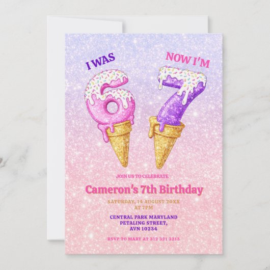 Ice Cream Pastel Glitter 6-7 Kids Birthday Party Kaart (Voorkant)