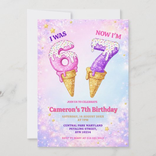 Ice Cream Pastel Sparkle 6-7 Kids Birthday Party Kaart (Voorkant)