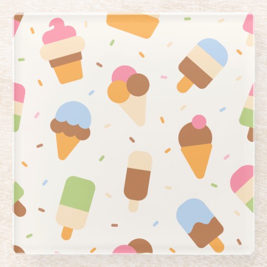 Ice Cream Pattern, Ice Cream Cone, Ice Popsicle Glazen Onderzetter (Voorkant)