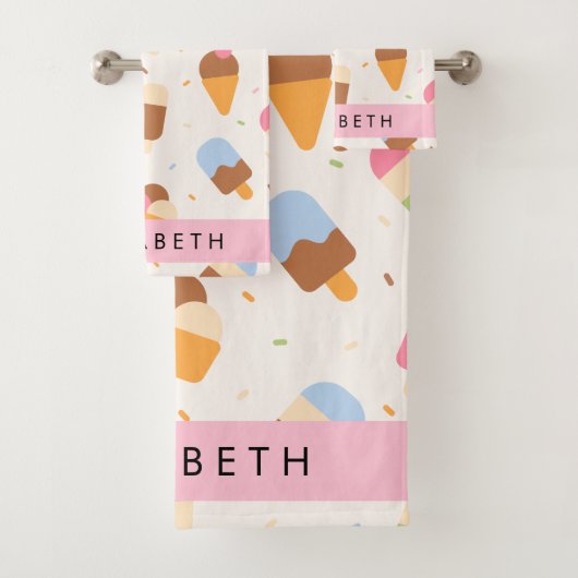 Ice Cream Pattern, Ice Cream Cone, Jouw naam Bad Handdoek (Insitu)