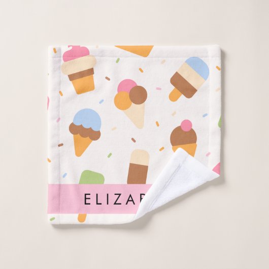 Ice Cream Pattern, Ice Cream Cone, Jouw naam Bad Handdoek (Wasdoekje)