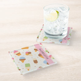 Ice Cream Pattern, Ice Cream Cone, Jouw naam Glazen Onderzetter