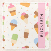 Ice Cream Pattern, Ice Cream Cone, Jouw naam Glazen Onderzetter (Voorkant)