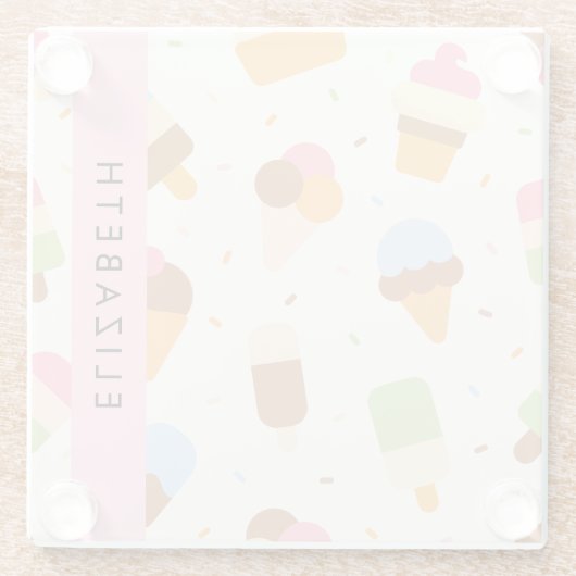 Ice Cream Pattern, Ice Cream Cone, Jouw naam Glazen Onderzetter (Achterkant)
